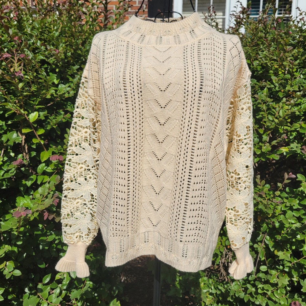 Retro M Sweater Tan Crochet Lace Sleeve Pointelle Mock Neck Ruffle Cuff Earthy